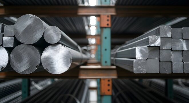 Metallic Array Precision-Cut Steel Rods and Bars on Shelves in Industrial Storage Facility