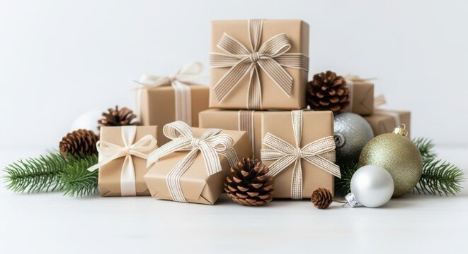 Festive christmas presents wrapped in kraft paper with pinecones and ornaments
