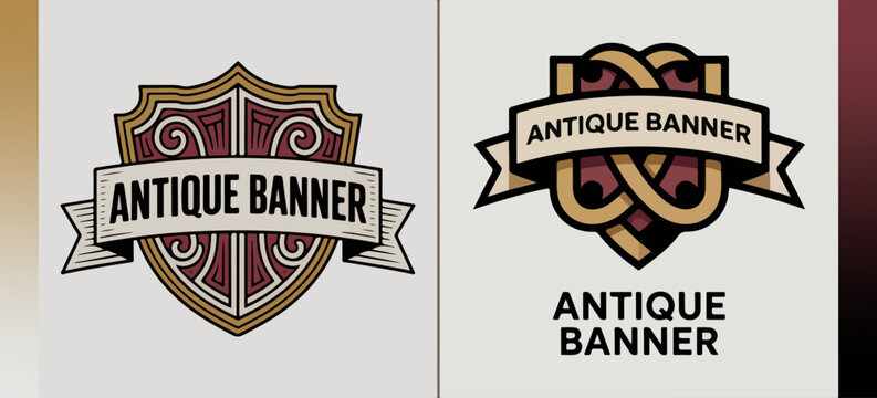 Antique Banner ribbon crests with filigree, ornate vintage shield logo set, classic heraldry vector marks for labels, posters, packaging and premium branding