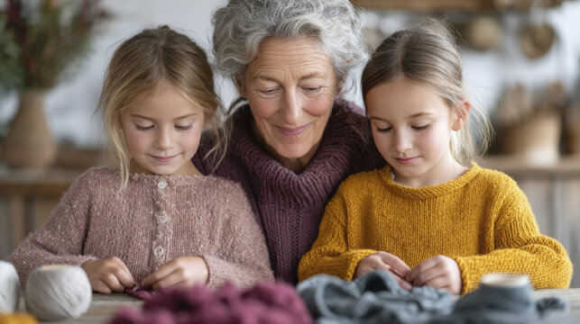 Family crafting handmade gifts for holiday traditions at wooden table