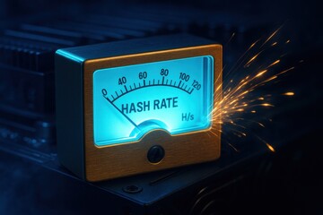 Analog hash rate meter for crypto mining. Glowing analog gauge labeled hash rate with sparks flying, symbolizing intense cryptocurrency mining performance, GPU rig speed, and blockchain power.

