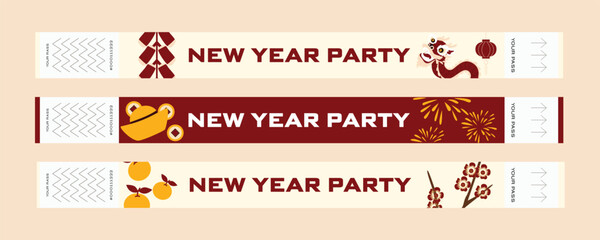 Chinese New Year celebration wristbands featuring lanterns, plum blossoms, dragon motifs and traditional festival elements. Red and gold party bracelet design.
