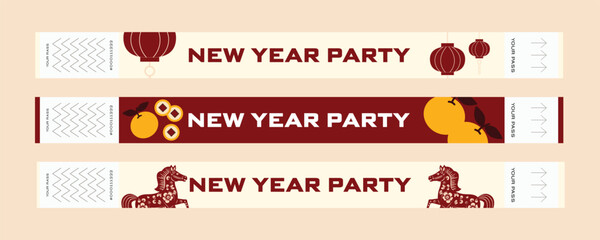 Chinese New Year party wristbands set in traditional red and gold style with lanterns, zodiac symbols and festive decorations. Printable event bracelets for New Year celebration. 2026 year of horse