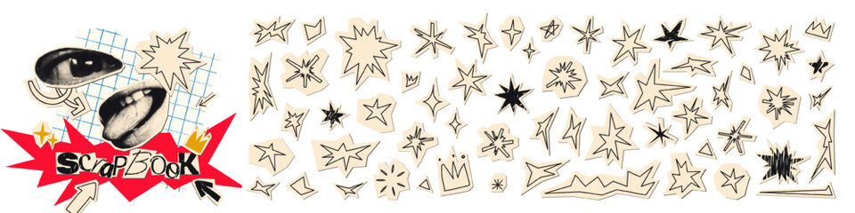 Collage elements set, cut out of paper hand drawn doodle stars and irregular shapes collection. Grunge clipping funky element stickers for scrapbook. Vector illustration on transparent background