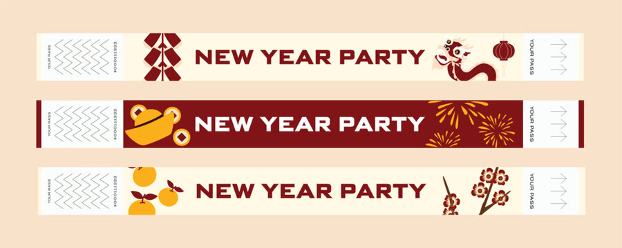 Chinese New Year celebration wristbands featuring lanterns, plum blossoms, dragon motifs and traditional festival elements. Red and gold party bracelet design.