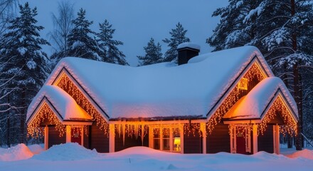 Cozy snow covered cabin lit up warmly at dusk