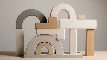 Abstract geometric sculpture with neutral tones and arches