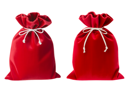 Two luxurious red velvet drawstring gift bags with white ribbon ties