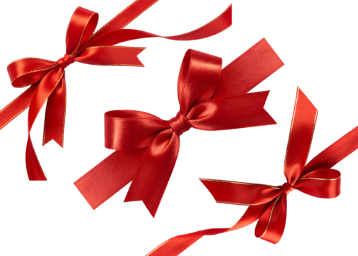 Three festive red satin ribbons and bows with subtle glitter accents on a transparent background