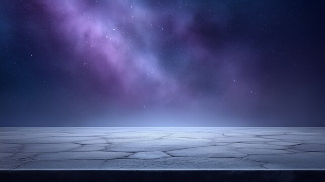 Cracked stone platform under purple galaxy night sky