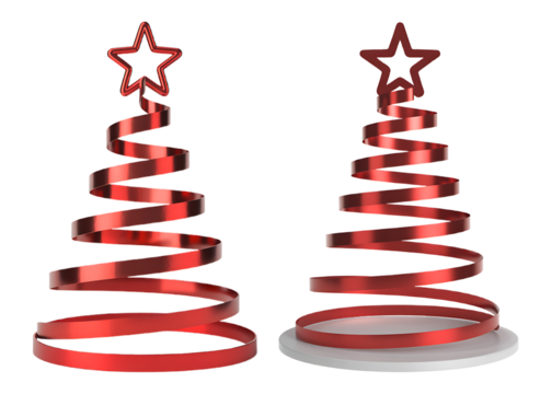 Two decorative red ribbon christmas trees with star toppers on transparent background one on a white base