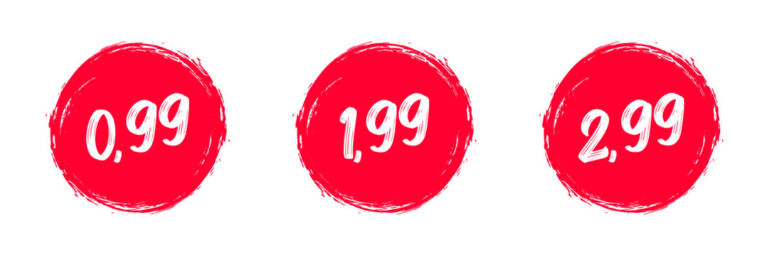 Red Brush Circle Price Tags 0.99 1.99 2.99