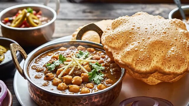 Indian Cuisine Feast Chole Bhature and Curries on Wooden Table.