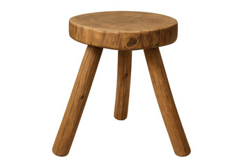 Wooden three-legged stool with solid round seat, rustic handcrafted furniture for home decor, isolated on transparent background
