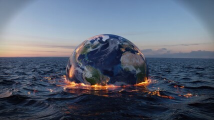 The planet Earth is half submerged in the rising boiling ocean, the ice has melted. A photo with a place for the text.