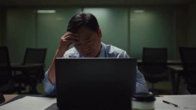 A focused individual engrossed in work, facing challenges. He has a concerned expression while seated in front of a laptop at the table.  Stock Video