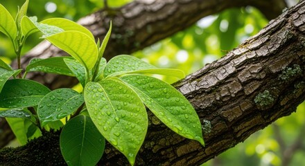 New avocado leaves sprouting on a textured tree branch