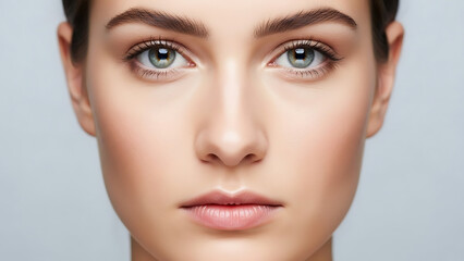 Fototapeta premium Close-up face portrait with perfect even lighting, neutral expression, clean backdrop