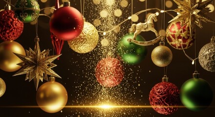 Sparkling christmas ornaments and festive lights create a magical holiday scene
