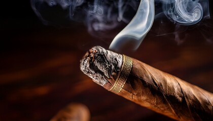smoldering cuban cigar rich brown ash falling intricate band close up detail premium scent