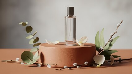 Elegant perfume bottle displayed with natural elements