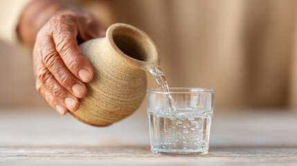 Ashura day ritual with close up of pouring water into glass for spiritual reflection