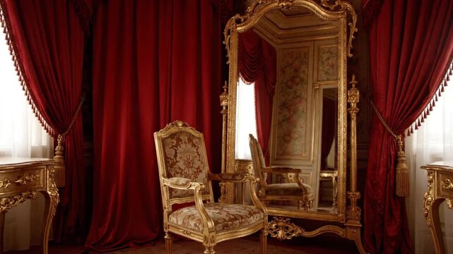 Luxurious room with ornate gold mirror, red velvet curtains, elegant armchair