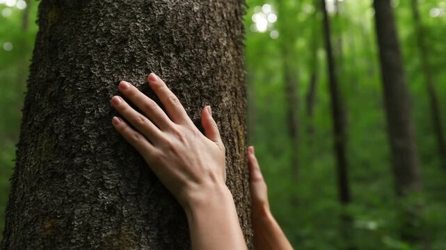 A person gently touching the bark of a large tree in a forest setting, expressing a sense of connection with nature Stock Video