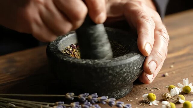 Close up of hands grinding aromatic herbs in a mortar and pestle on a wooden table for integrative medicine concept and natural remedy preparation
