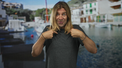 Man with long blond hair wearing a dark gray shirt points both index fingers to his shirt front in building; confidence.