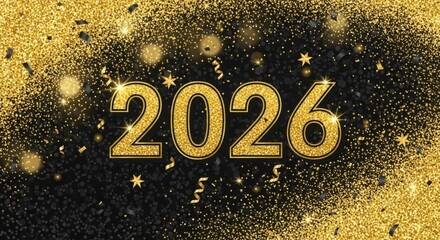Golden 2026 new year celebration with glitter and confetti