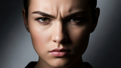 Expressive portrait of a woman displaying restrained anger, with furrowed brows.