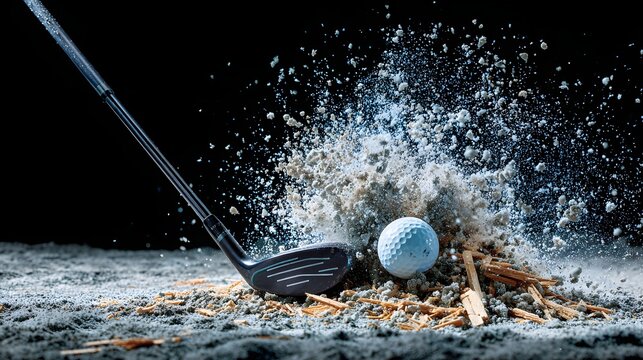 Dynamic moment of a golf club striking a ball from a sand bunker, sending particles flying in dramatic motion - Powered by Adobe