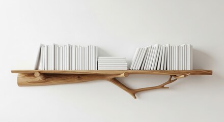 Rustic wooden shelf with books against a white wall