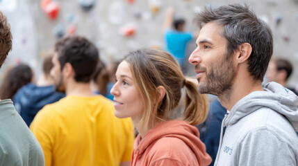 Diverse group of climbers anticipating their turn at indoor rock climbing gym