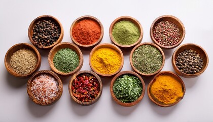 vibrant colors assorted spices and herbs in rustic wooden bowls on white background