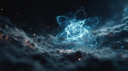 Captivating visualization of a luminous atom structure on a celestial cloudscape