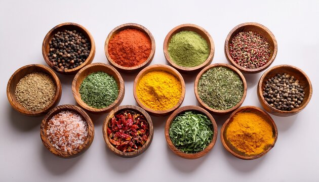 vibrant colors assorted spices and herbs in rustic wooden bowls on white background - Powered by Adobe