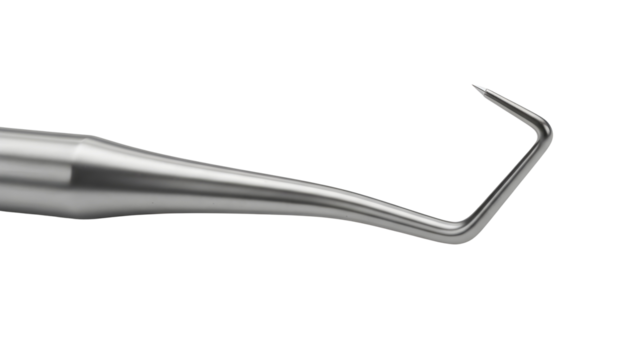 Close-up of Silver Stainless Steel Dental Explorer Probe isolated on White Background