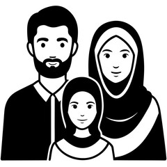 Black and white vector illustration of a muslim family with a daughter