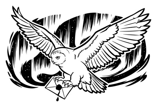 Snowy owl flying with magic letter in claws against Northern Lights sky background