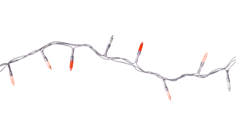 A single strand of delicate orange fairy lights on a white wire, a classic holiday decoration for festive celebrations, isolated on a transparent background.
