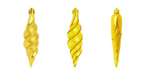 A festive collection of three shiny golden spiral and icicle Christmas ornaments on transparent background