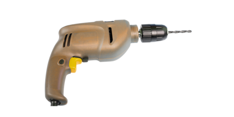 A robust and essential power tool, an electric drill on a transparent background.
