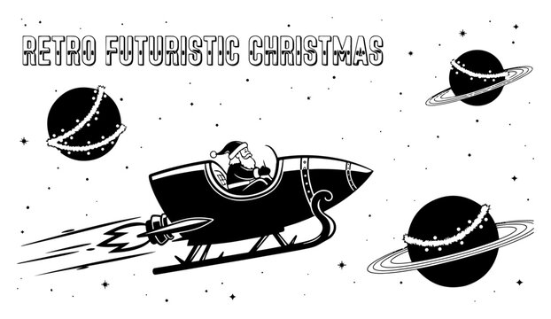 Retro futuristic christmas text with santa claus piloting rocket ship among planets and stars in black and white