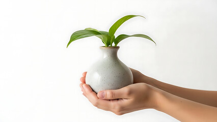 hands holding a small pot with a green plant