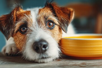 Small brown and white dog sniffing yellow bowl on wooden surface, illustrating pet care, feeding, and home environment themes