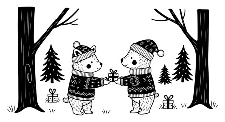 Naklejka premium Cute Hand Drawn Bears Wearing Sweaters Exchanging Christmas Gifts Vector Illustration of Winter Forest Scene