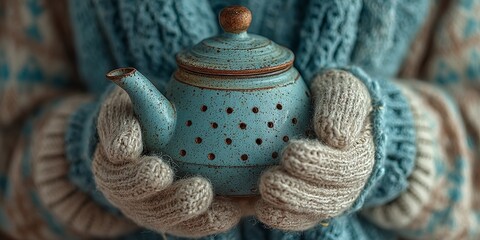 Warm winter scene with hands in knitted gloves holding vintage blue teapot, suggesting comfort, hospitality, and cozy home atmosphere
