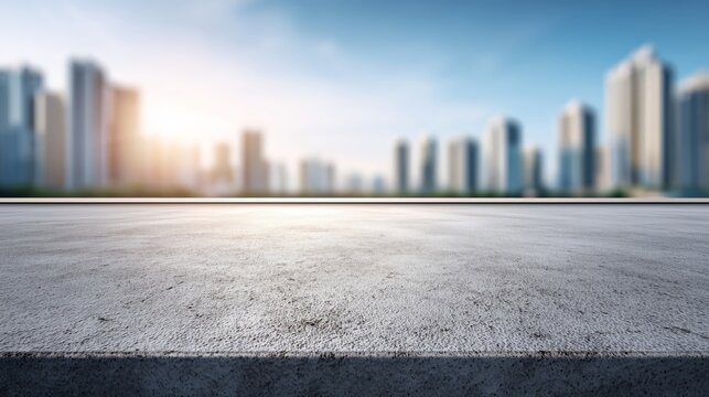 Empty Concrete Surface with Blurred Urban Skyline at Sunrise
